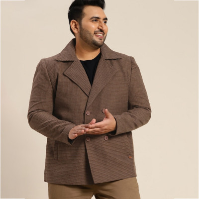 Men Plus Size Brown Checked Double-Breasted Overcoat