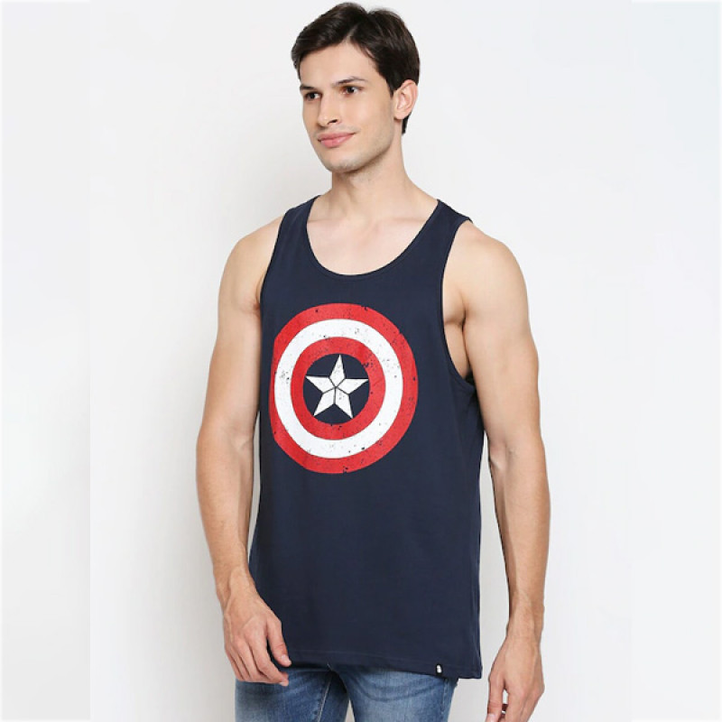 Men Navy Blue & Red Captain America Logo Printed Pure Cotton Tank Innerwear Vest