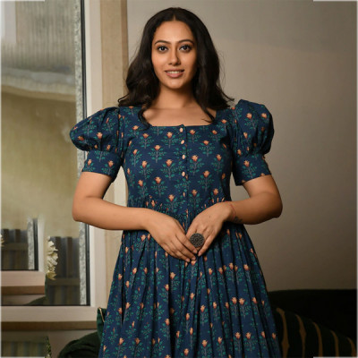 Teal Floral Printed Fit & Flare Cotton Dress