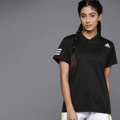 Women Black Solid Perforated Aeroready Polo Collar T-shirt