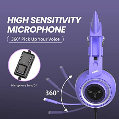 SOMIC G951S Purple Stereo Gaming Headset with Mic for PS4, PS5, Xbox One, PC, Phone, Detachable Cat Ear 3.5MM Noise Reduction Headphones Computer Gami