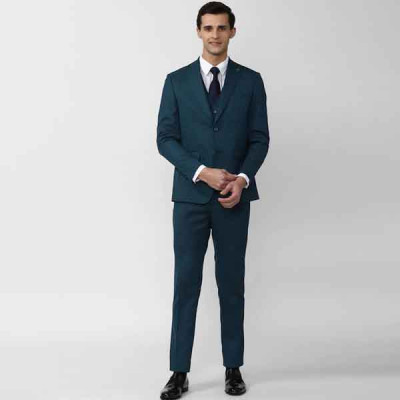 Men Navy Blue Self Design Slim Fit 3 Piece Formal Suits