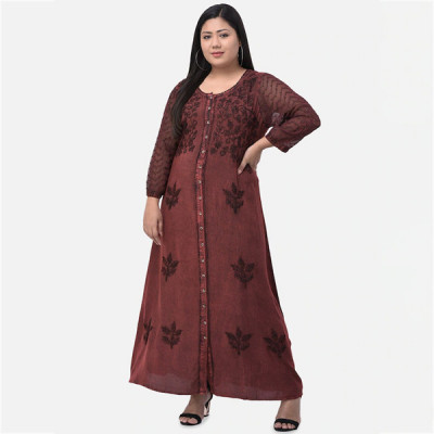 Women Brown Floral Embroidered Maxi Dress