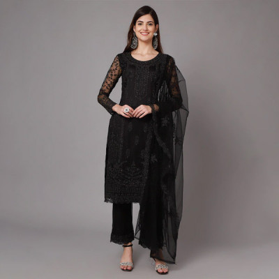 Black Embroidered Net Unstitched Dress Material