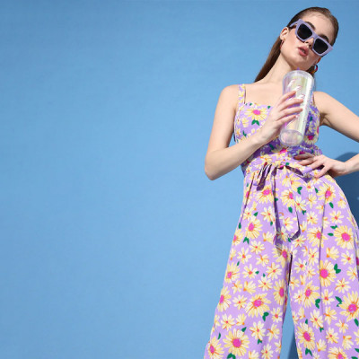 Lavender & Yellow Floral Printed Basic Jumpsuit
