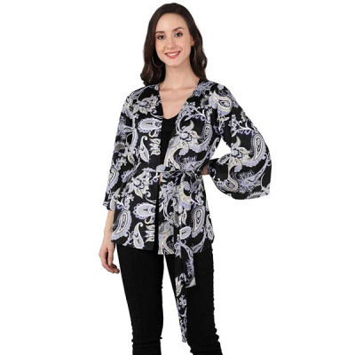 Serein Women's Shrug (Multi Colored Printed Crepe Short Jacket with Waist tie-up & Bell Sleeve)