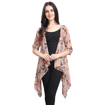 Serein Women's Shrug (Light peach floral print Shrug / Jacket with 3/4th sleeves)