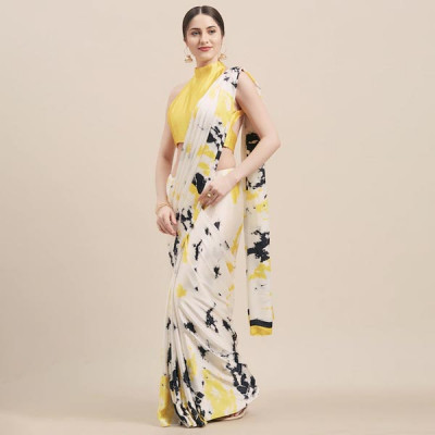 White & Yellow Satin Printed Saree