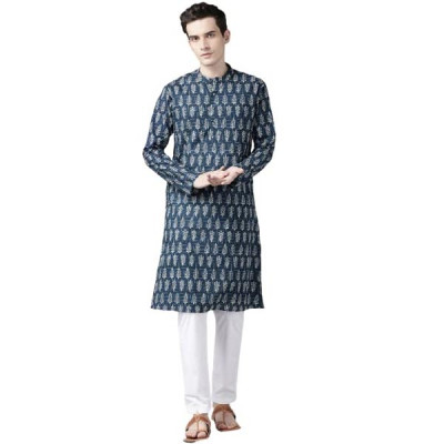 See Designs Mens Blue & Beige Printed Straight Kurta with Pyjama