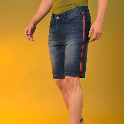Men Blue Washed Denim Outdoor Side Striped Denim Shorts