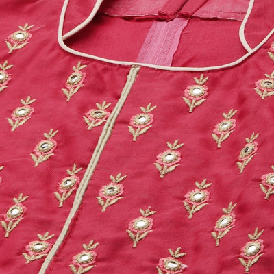 Pink & Gold-Toned Embroidered Unstitched Dress Material