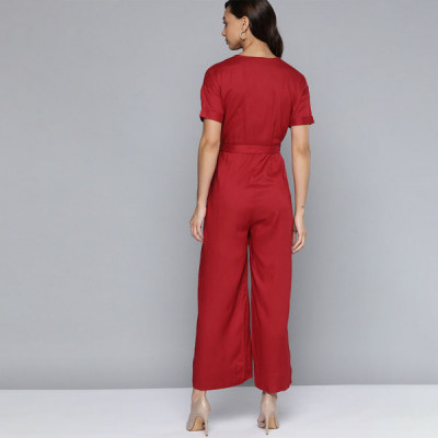 Red Solid Flared Jumpsuit with Belt