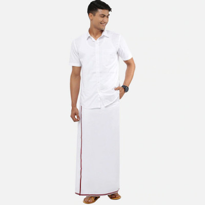 Men Pure Cotton White Dhoti with Maroon border Pack of 2