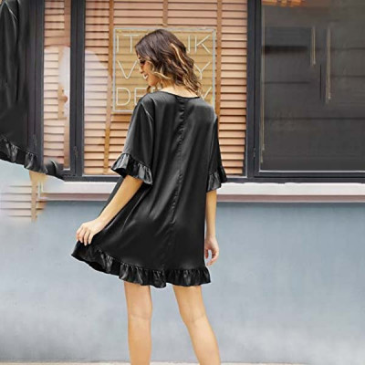 Ekouaer Satin Nightgown Women V Neck Silk Sleepwear 3/4 Sleeve Nightshirt Loose Smooth Loungwear S-XXL