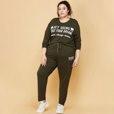 Women Plus Size Green Solid Track Pants