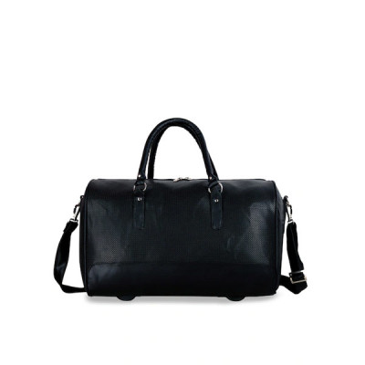 Black Solid PU Leather Travel Duffel Bag