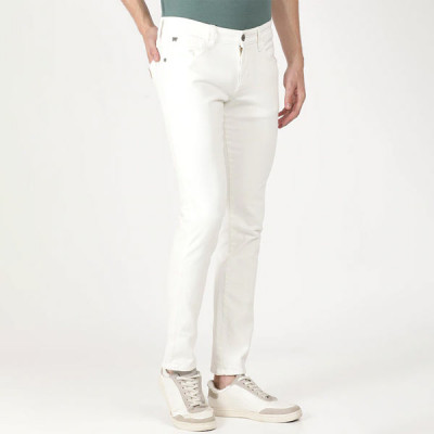 Men White Solid Cotton Slim Fit Jeans
