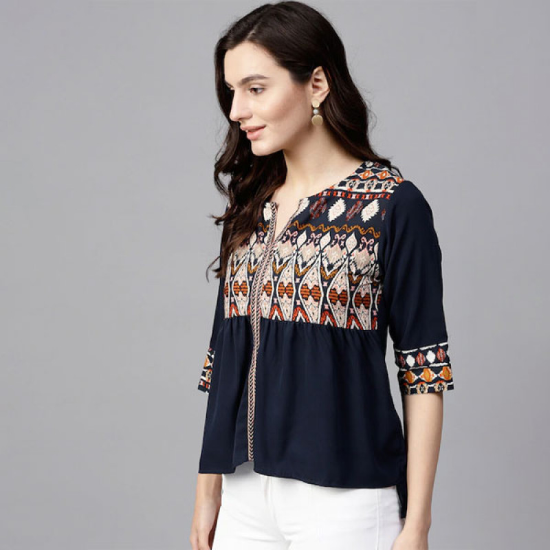 Navy Blue Ethnic Motifs Pleated Keyhole Neck Top