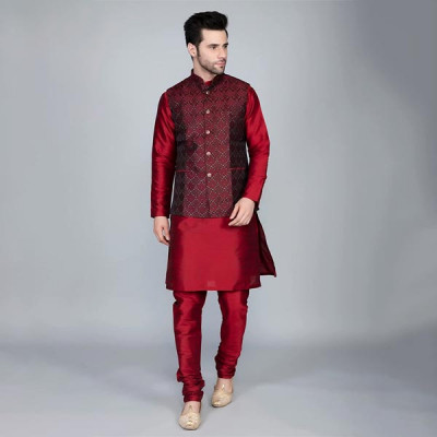 Ethluxis® Men's Silk Blend Kurta Churidar Pyjama with Ethnic Bundi Jacket Set