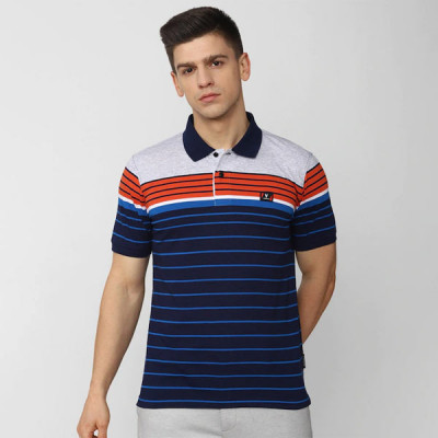 Men Navy Blue Striped Polo Collar Applique T-shirt
