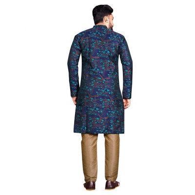 DREAM BLUE Men's Traditional Stitched Heavy Jecquard Kurta Pajama Sherwani Set (Dark Blue)