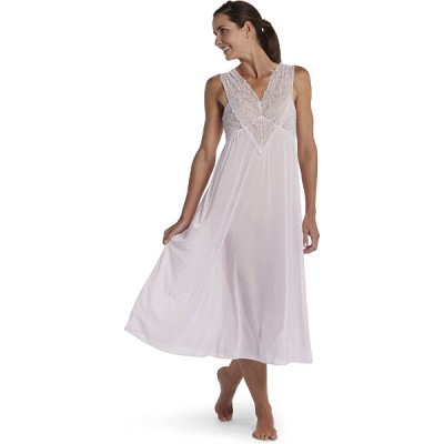 Miss Elaine Nightgown - Women's Silk Essence Long Gown, Lace V-Neck, Sleepwear