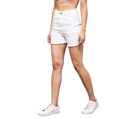 Miss Chase Women's White Regular High Rise Clean Look Regular Stretchable Denim Shorts
