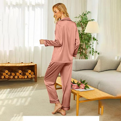 Ekouaer Satin Pajamas Women's Long Sleeve Sleepwear Silk Soft Button Down Loungewear